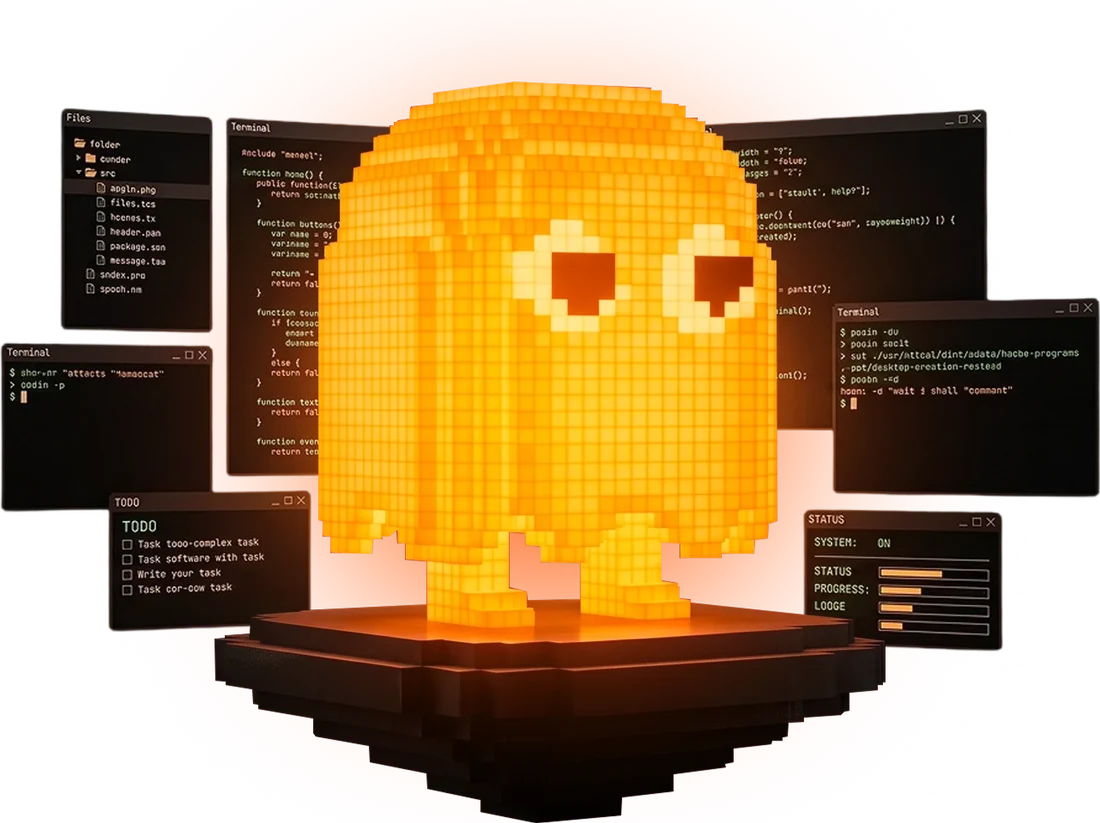 Personagem em voxel laranja, iluminado, cercado por janelas de terminal e código